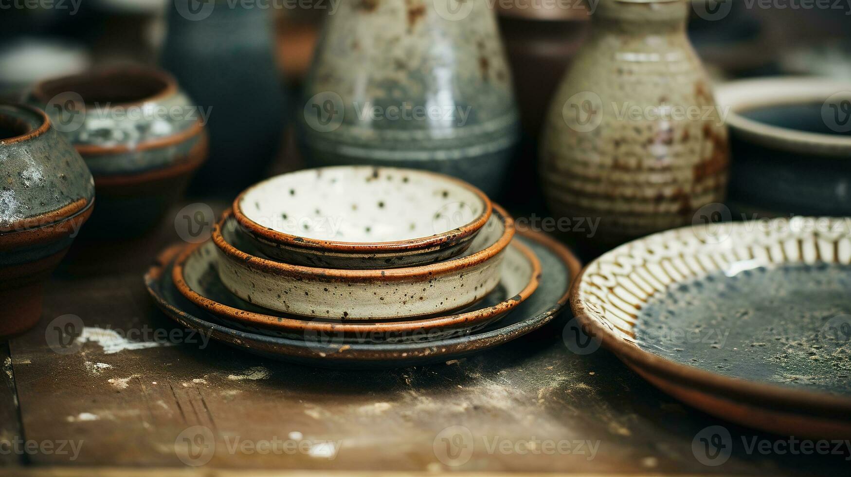 AI generated Generative AI, crafted pottery, still life of hand made pottery and ceramic bowls, hobby and leisure concept photo