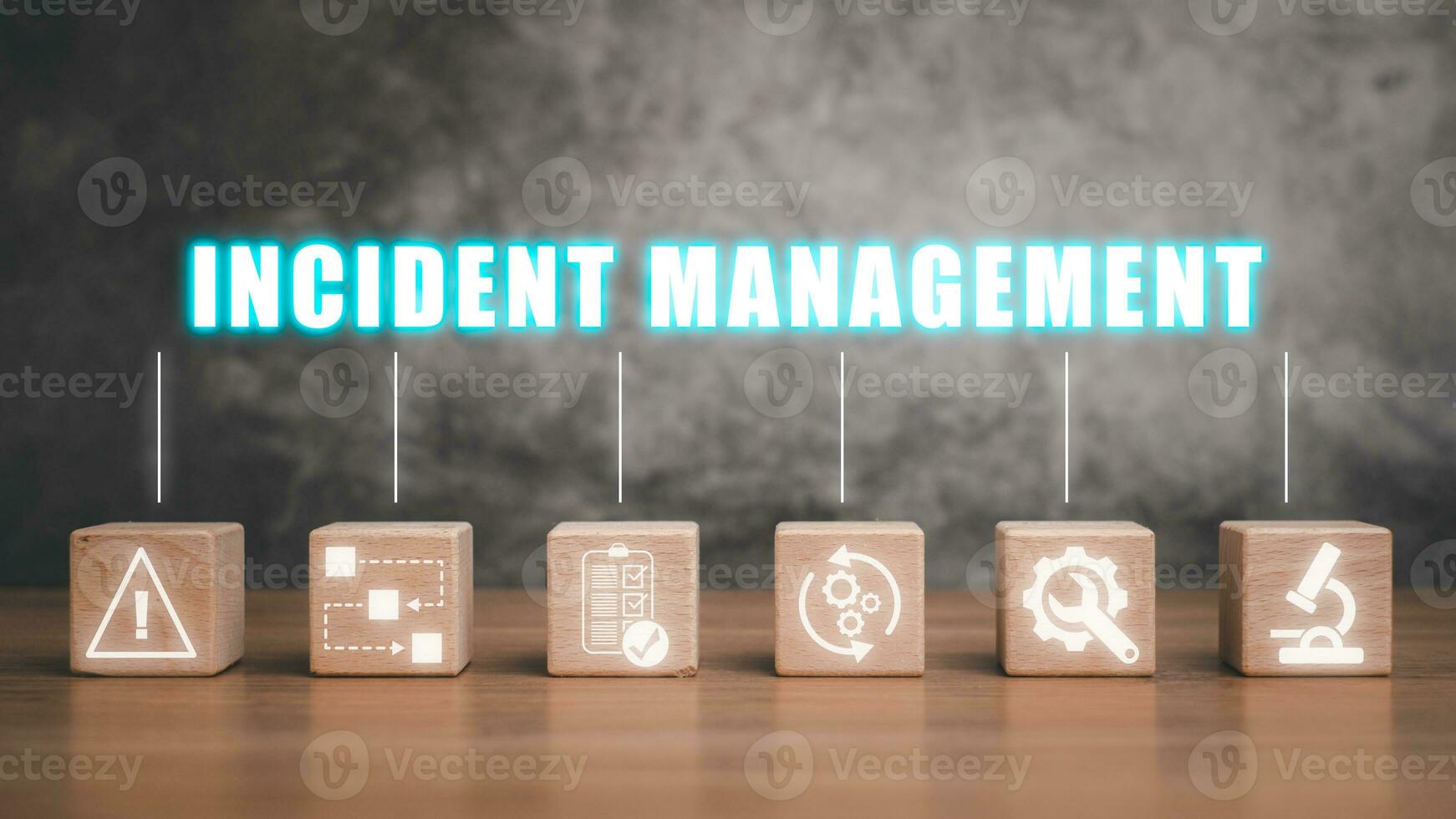 Incident management concept, Wooden block on desk with incident management icon on virtual screen. photo