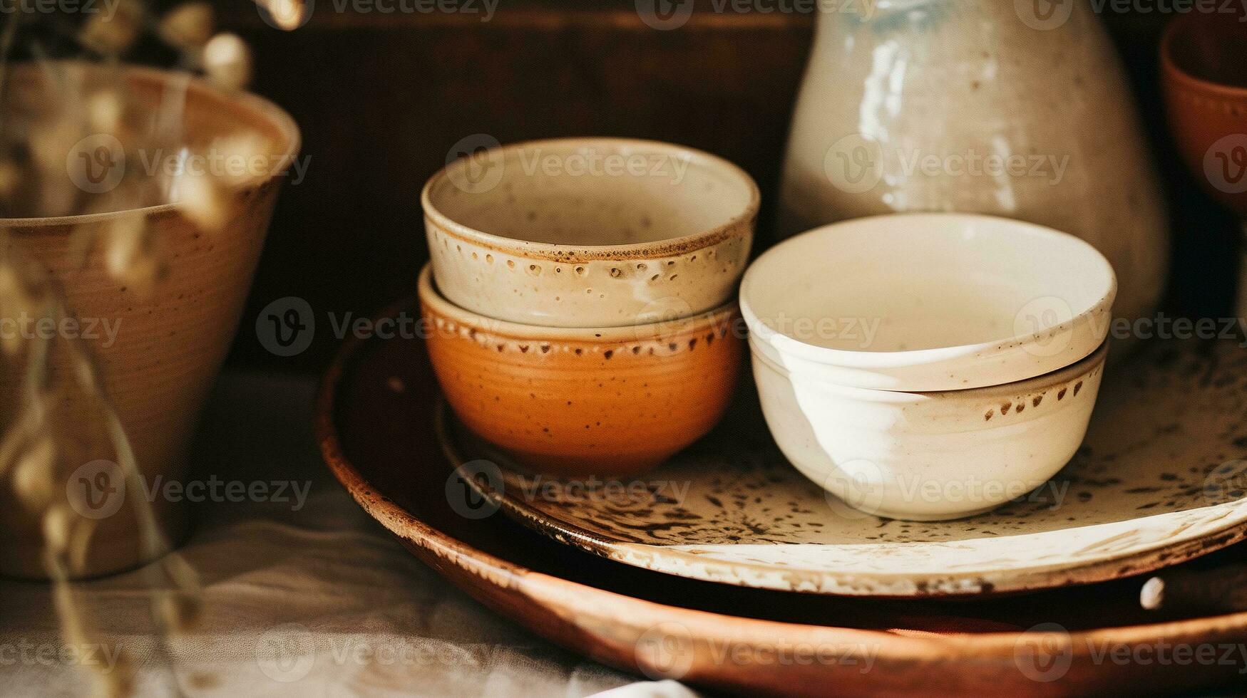 AI generated Generative AI, crafted pottery, still life of hand made pottery and ceramic bowls, hobby and leisure concept photo