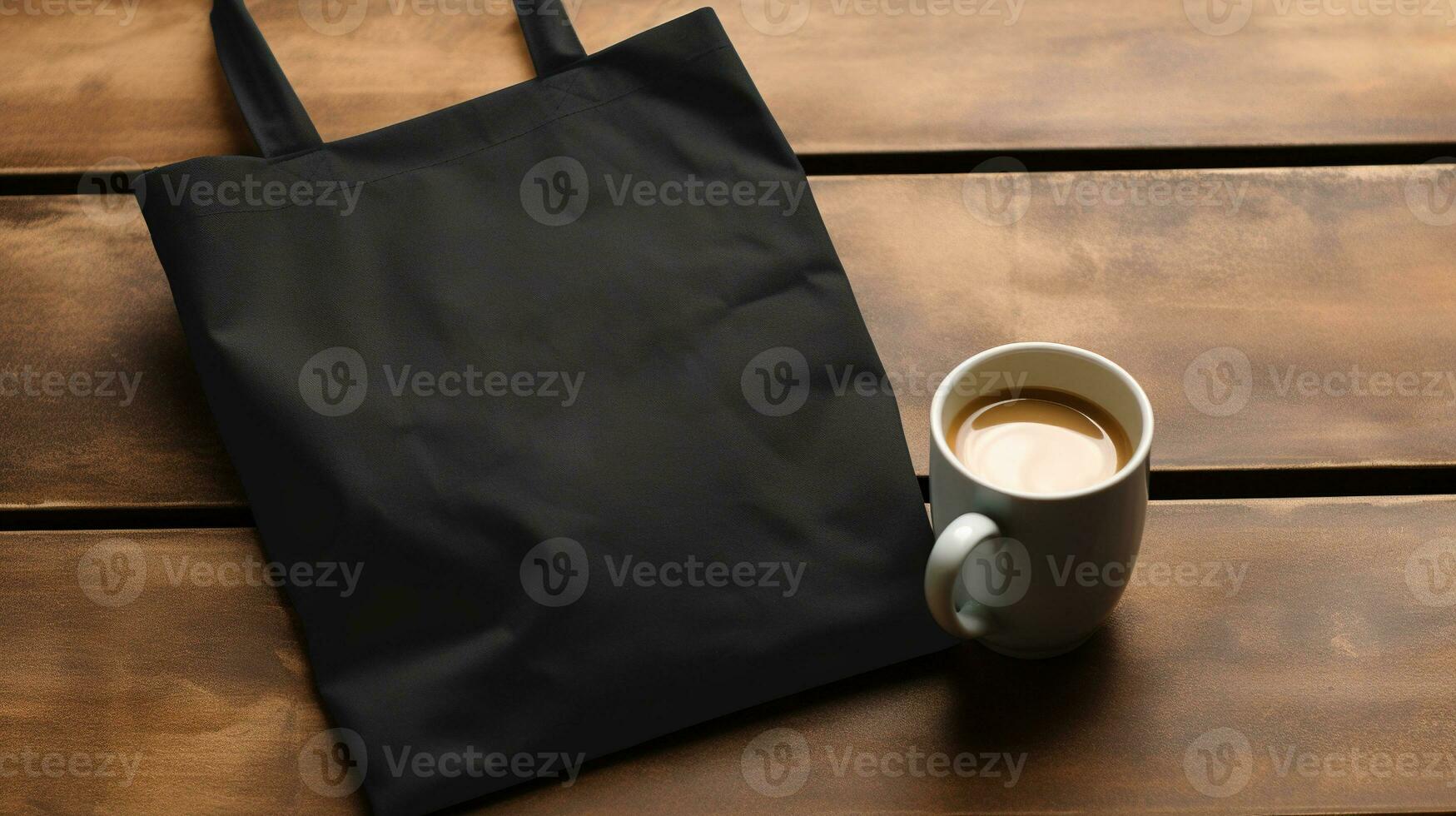 AI generated Generative AI, Realistic black tote canvas fabric bag set-up in at cafe, coffee shop interior, mock up blank. photo