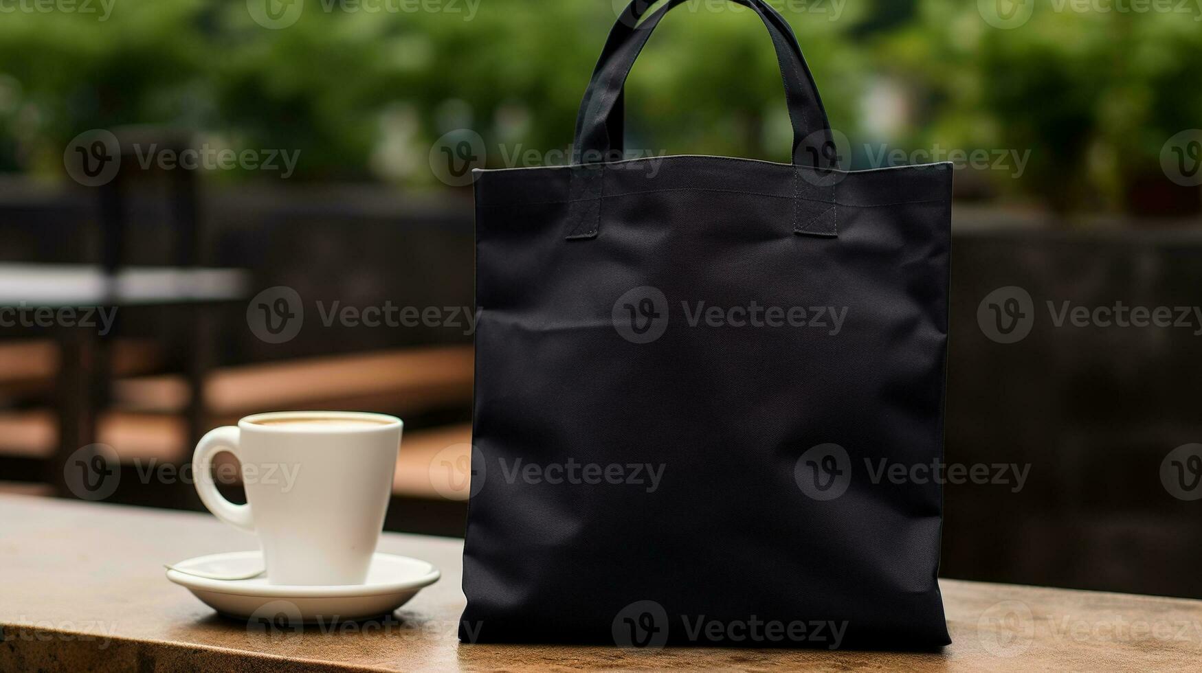 AI generated Generative AI, Realistic black tote canvas fabric bag set-up in at cafe, coffee shop interior, mock up blank. photo