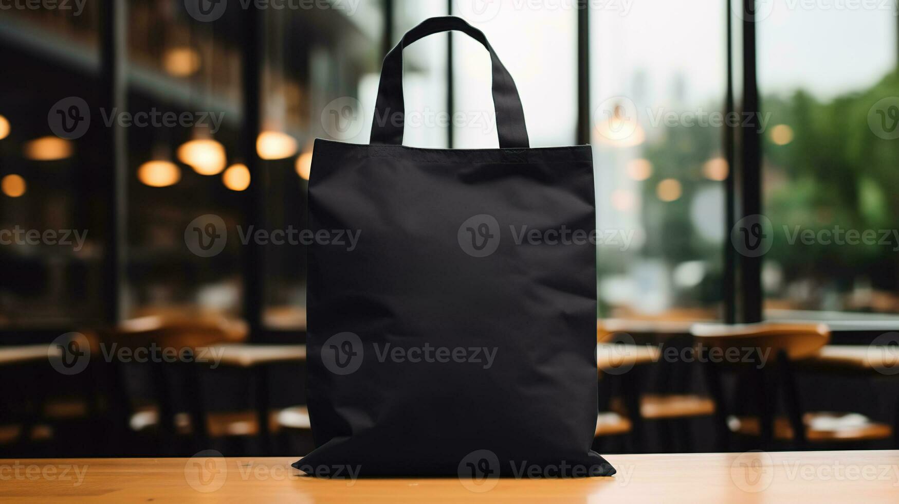 AI generated Generative AI, Realistic black tote canvas fabric bag set-up in at cafe, coffee shop interior, mock up blank. photo