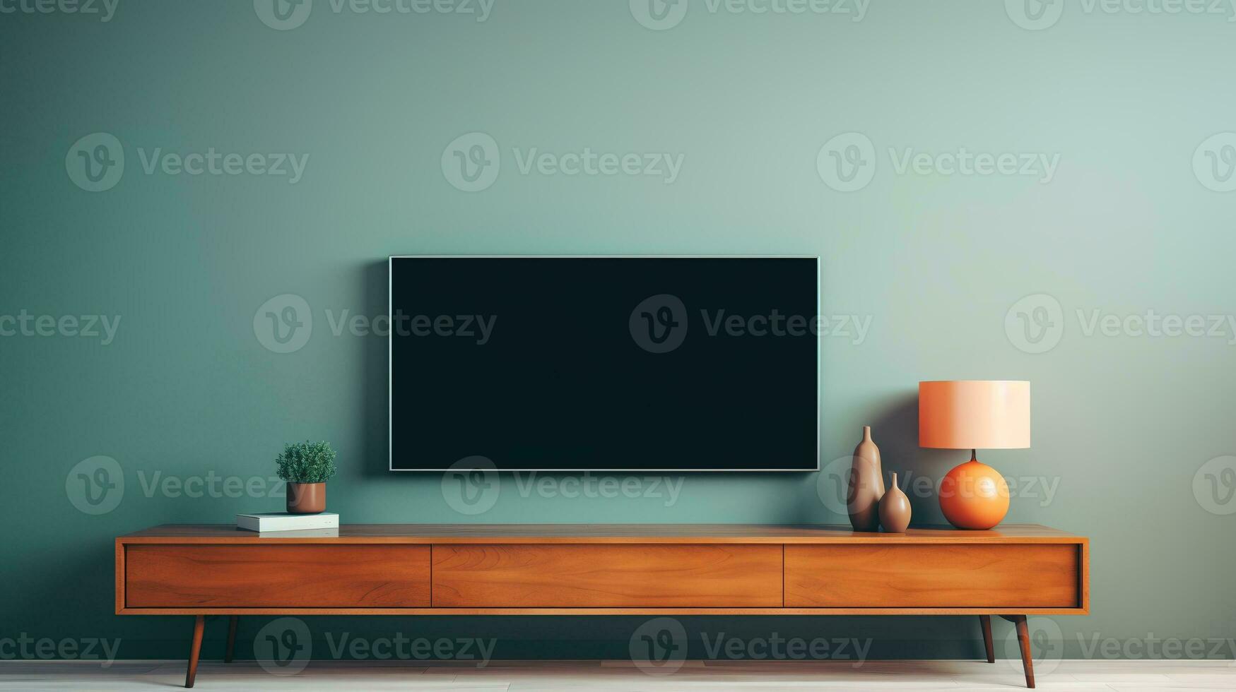 AI generated Generative AI, TV mock up in modern living room background. Contemporary interior design photo