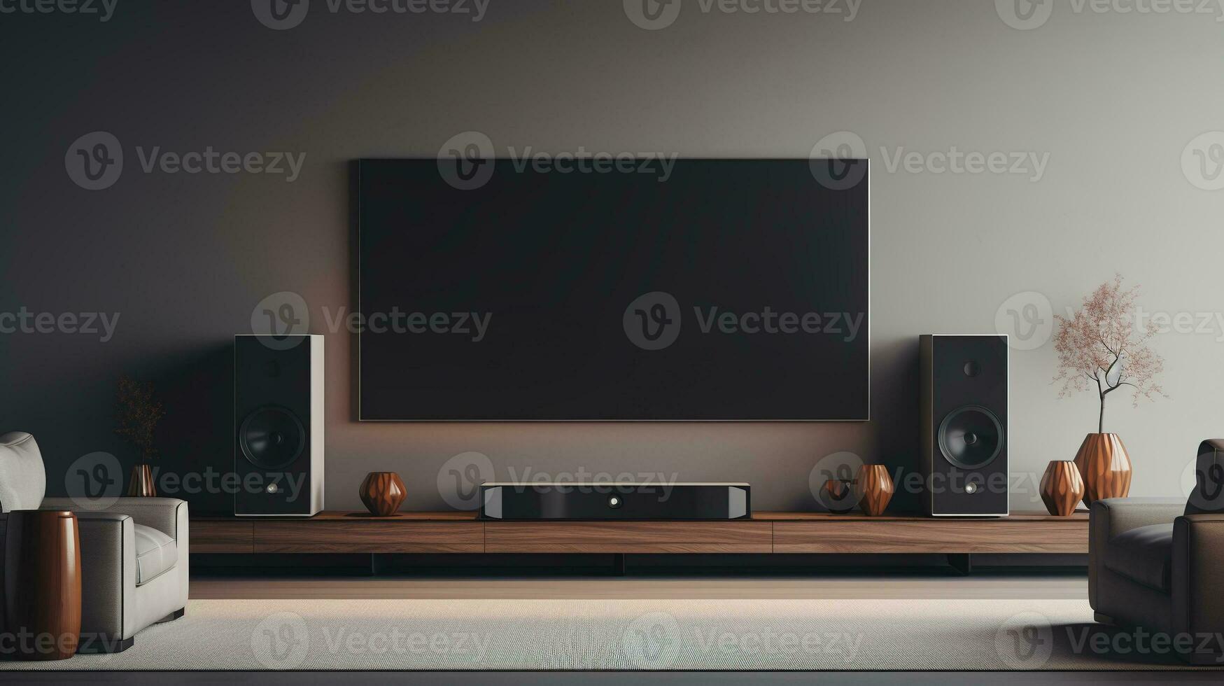 AI generated Generative AI, TV mock up in modern living room background. Contemporary interior design photo