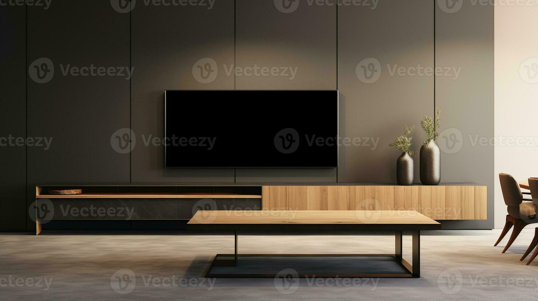 AI generated Generative AI, TV mock up in modern living room background. Contemporary interior design photo