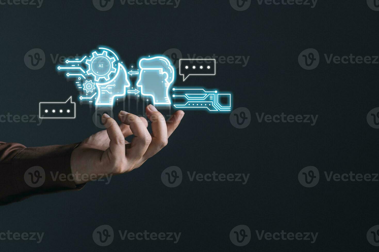 man holding command prompt ai chat. Big data storage.Digital Artificial Intelligence AI technology disruption concept. We are implementing storage technology support in the business. photo