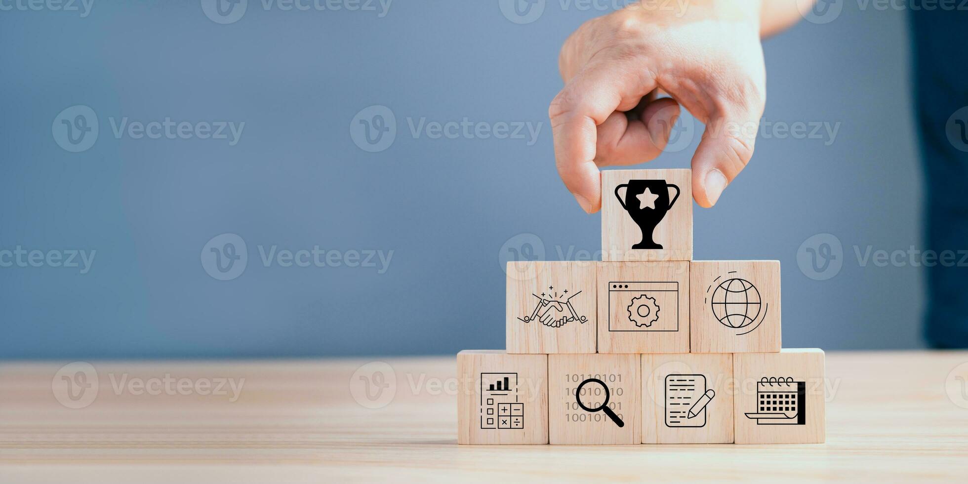 Stack woods block step on table with icon about business strategy and Action plan,business strategy, Goal and target, business development concept. copy space. photo