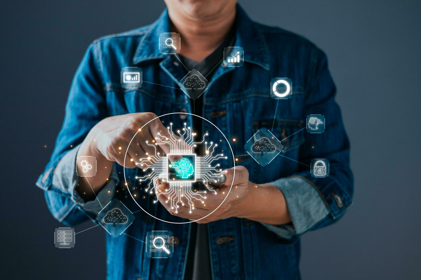 persona es toque un ai chip.nuevo tecnología bigdata y negocio proceso estrategia, cliente Servicio gestion.digital transformación cambio administración,internet de cosas.nube informática.ai tecnología. foto