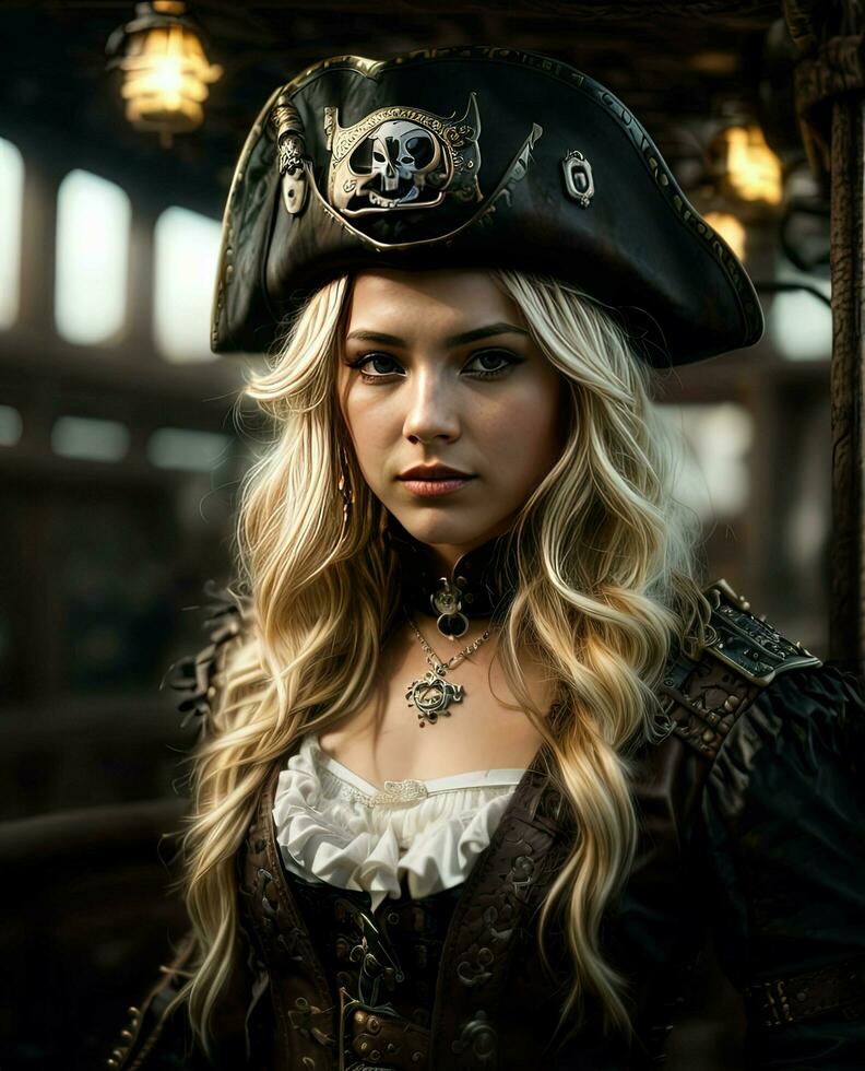 AI generated Portrait of a beautiful steampunk girl with a pirate hat photo