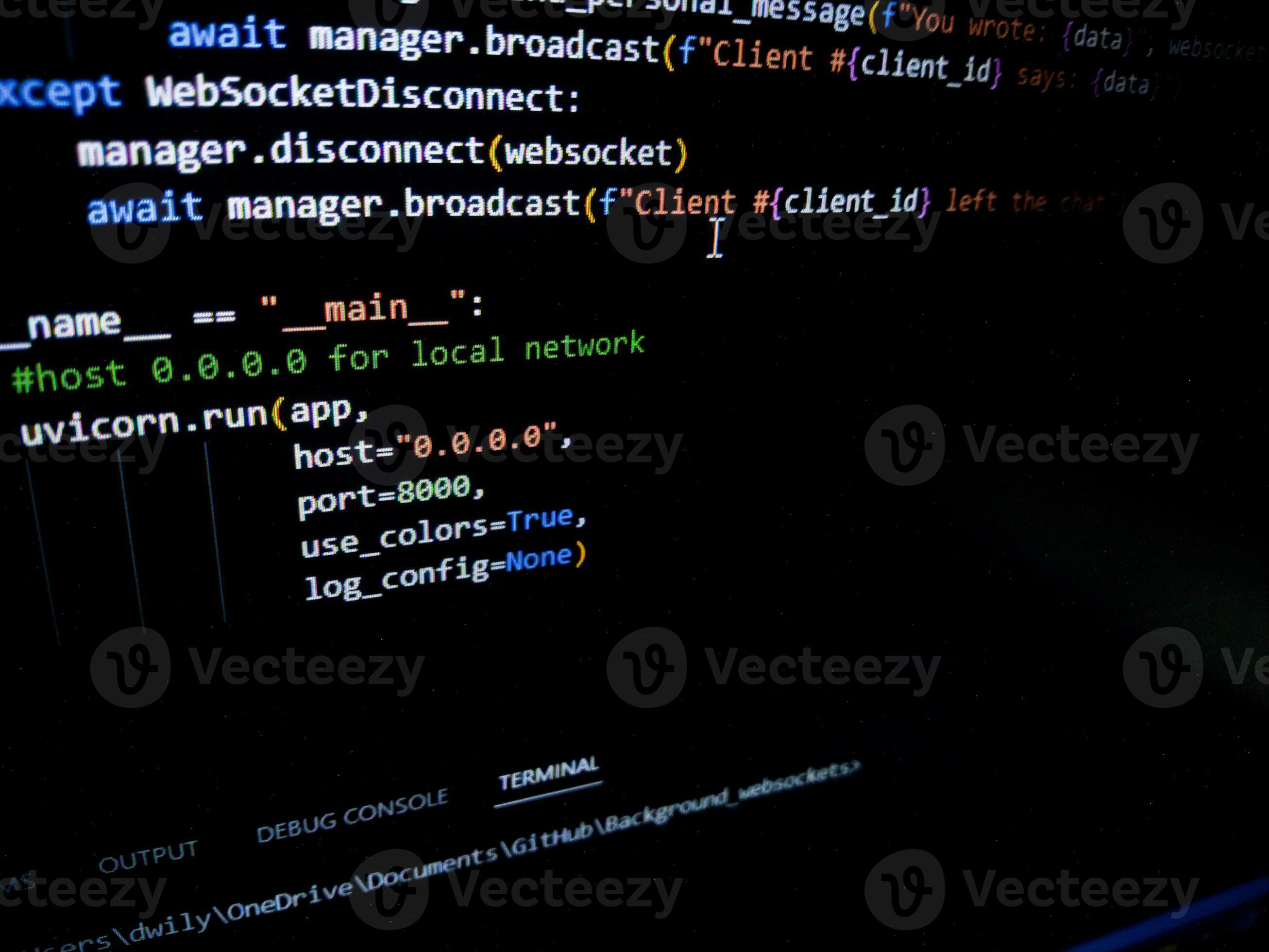Programming code on a computer screen. Source code photo. Technology ...