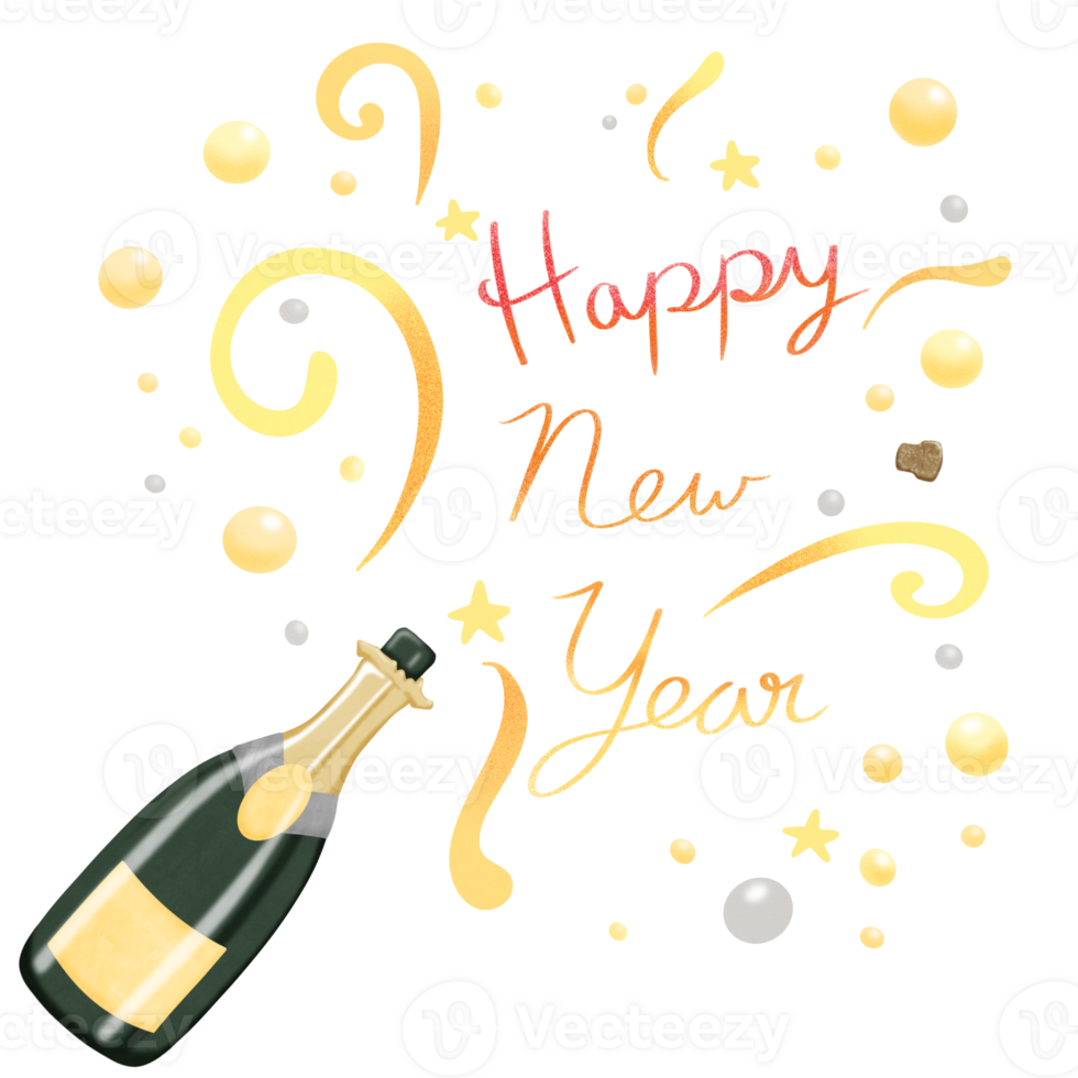 Hand draw champagne bottle exploding with Happy New year massage png