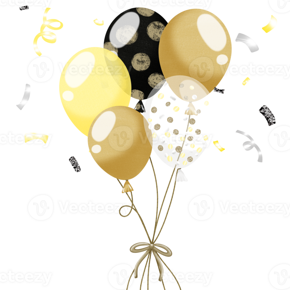 Bunch of party balloon with confetti on transparent background, png