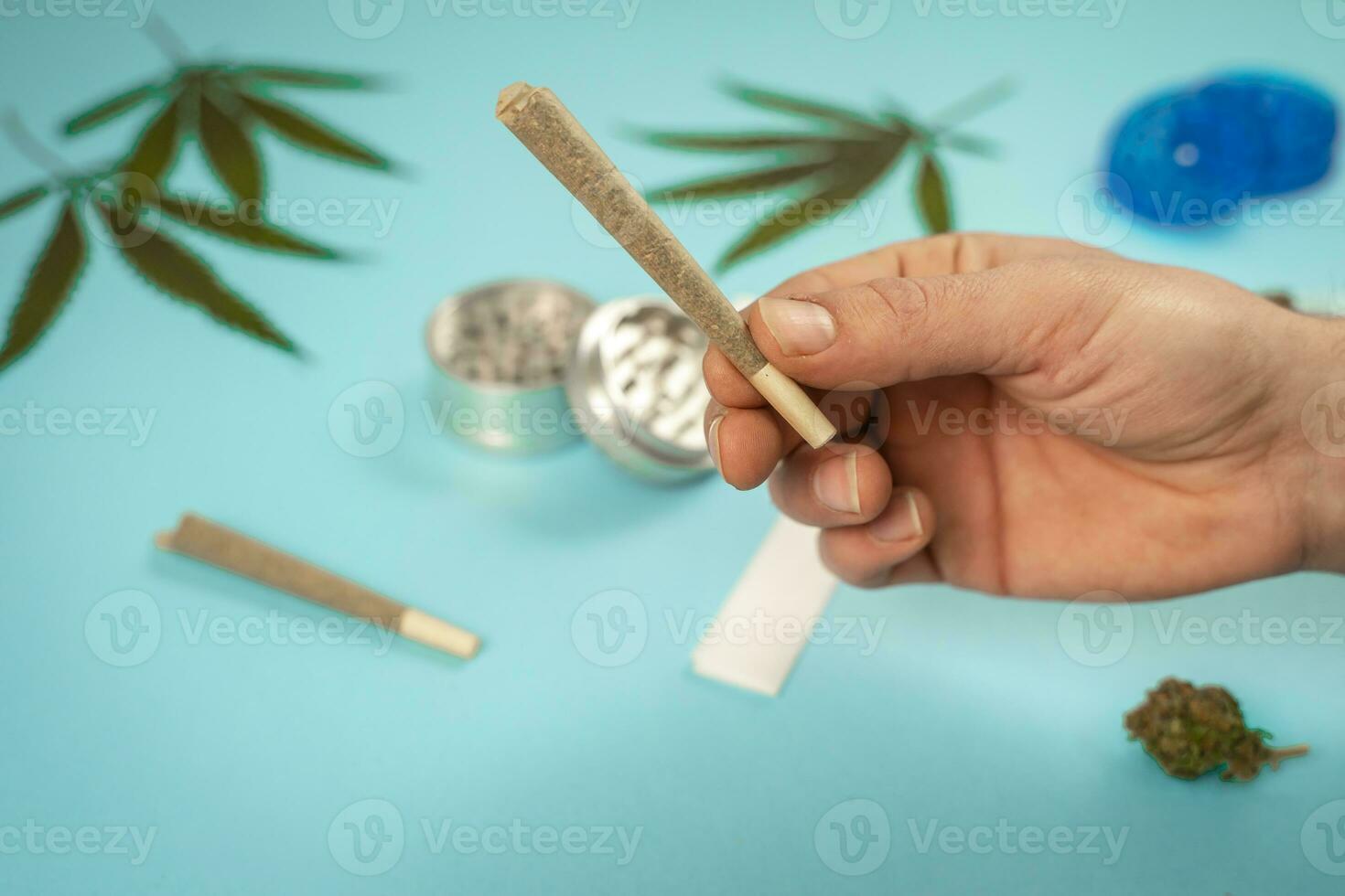 Hand with CBD medical marijuana and hemp leaves on turquoise background. photo