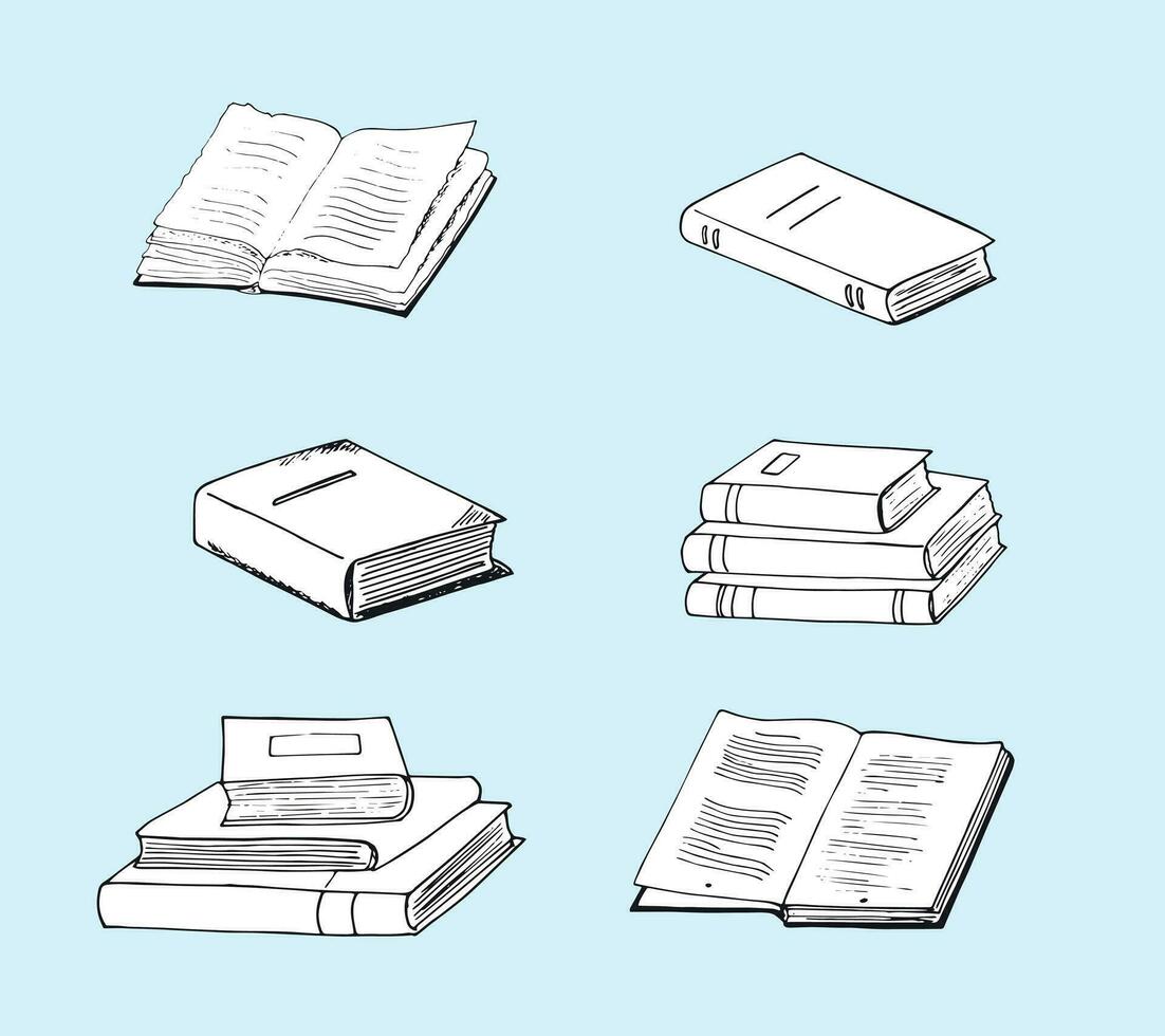Hand-drawn Various books opened vintage book, and pile of books. Books vector collection isolated on light blue background.