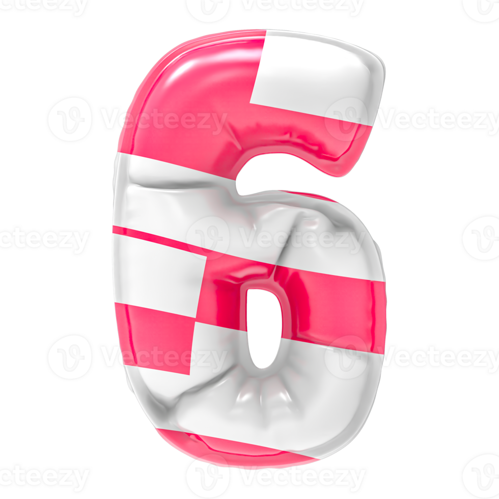 Balloon 6 Number Pink With White 3D Render png
