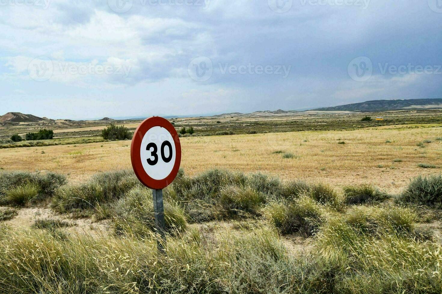 a speed limit sign in the middle of a field photo