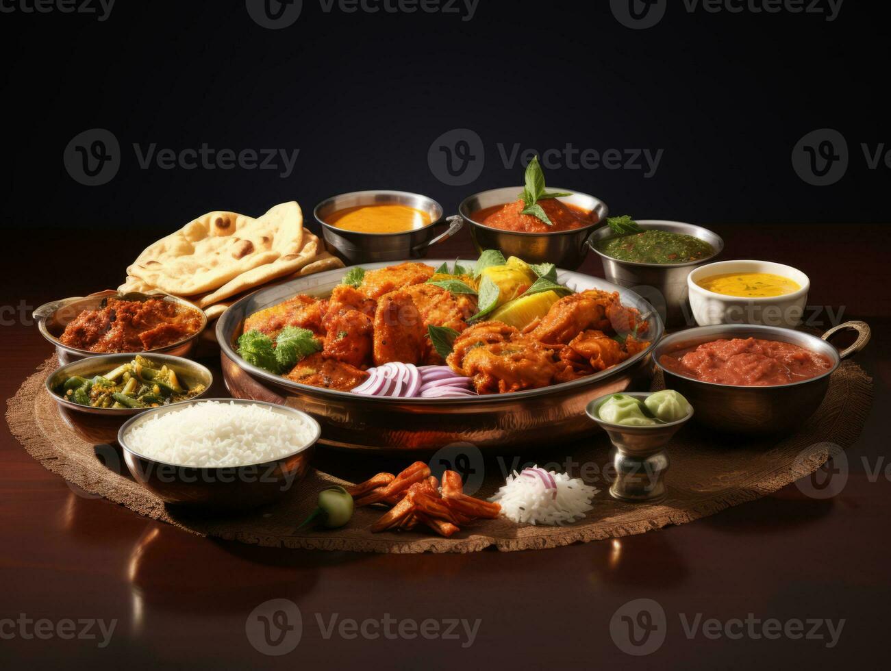 AI generated Assorted indian food on dark wooden background. Dishes and appetizers of indian cuisine. Curry, butter chicken, rice, lentils, paneer, samosa, naan, chutney, spices. AI Generative photo