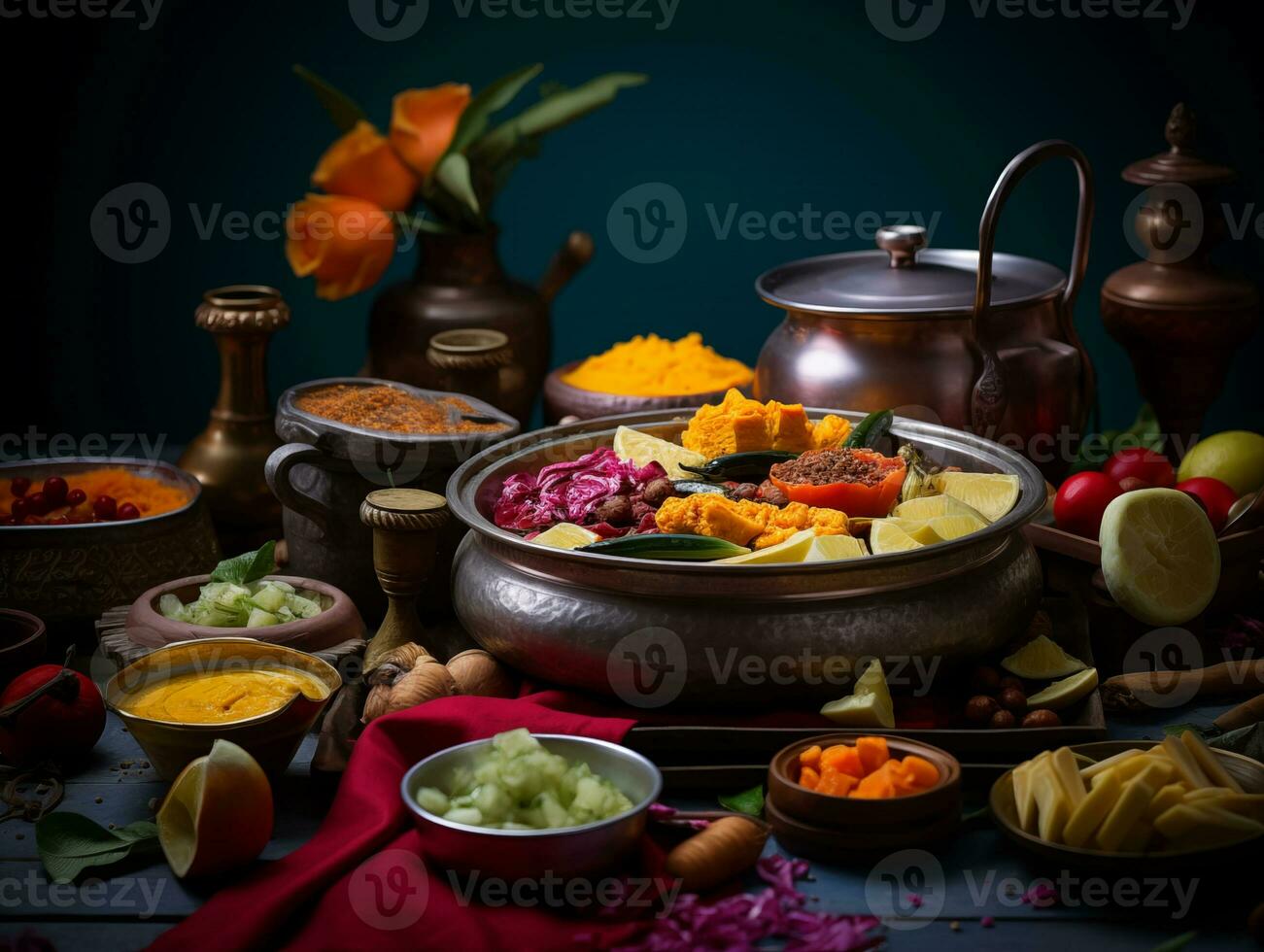 AI generated Various festive Indian dishes featuring rogan josh, chicken tikka masala, biryani, tandoori chicken, kebabs and mixed indian platter. AI Generative photo