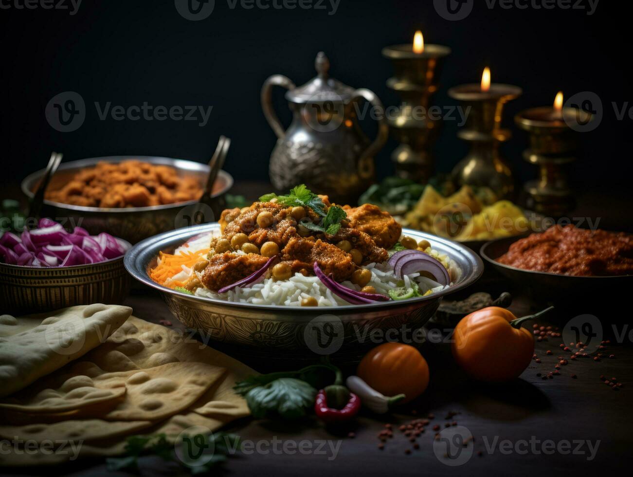 AI generated Assorted indian food on black background. Indian cuisine. Assortment of food. Salad, avocado, quail, mushrooms, pumpkin. Bowl with meal on dark. AI Generative photo