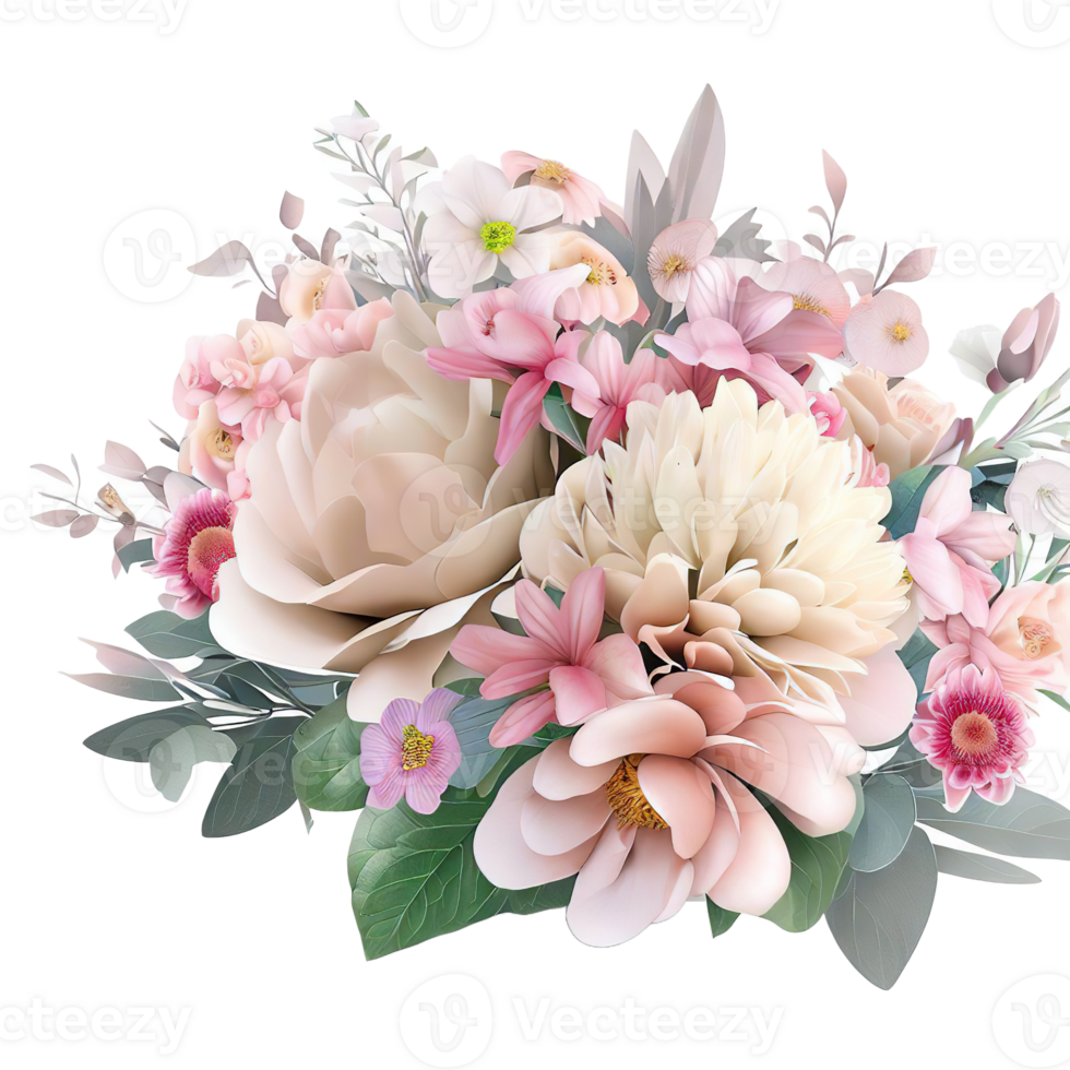 AI generated Beautiful bouquet of flowers isolated flowers illustration.gift box Birthday, Wedding, Mother's Day, Valentine's day, Women's Day flowers and leaves for invitation png