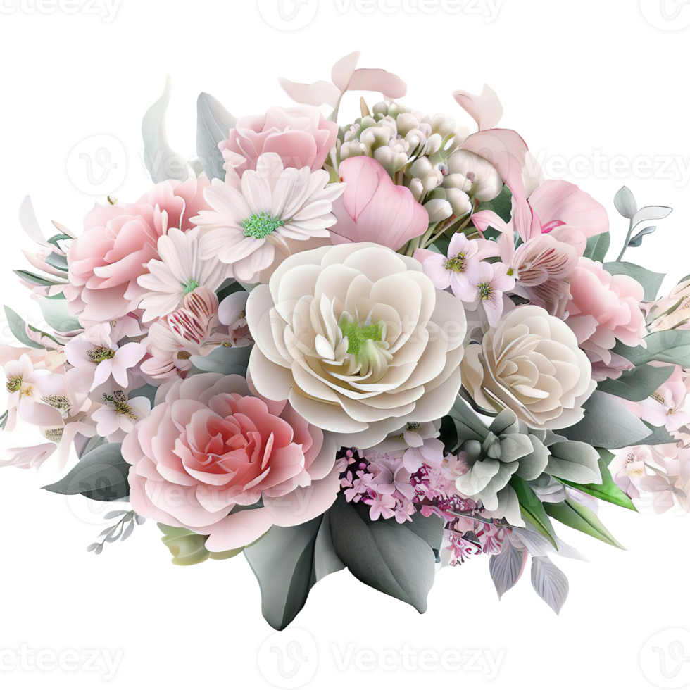AI generated Beautiful bouquet of flowers isolated flowers illustration.gift box Birthday, Wedding, Mother's Day, Valentine's day, Women's Day flowers and leaves for invitation png
