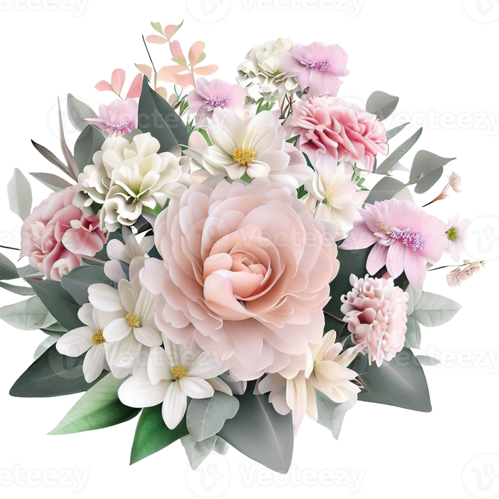 AI generated Beautiful bouquet of flowers isolated flowers illustration.gift box Birthday, Wedding, Mother's Day, Valentine's day, Women's Day flowers and leaves for invitation png