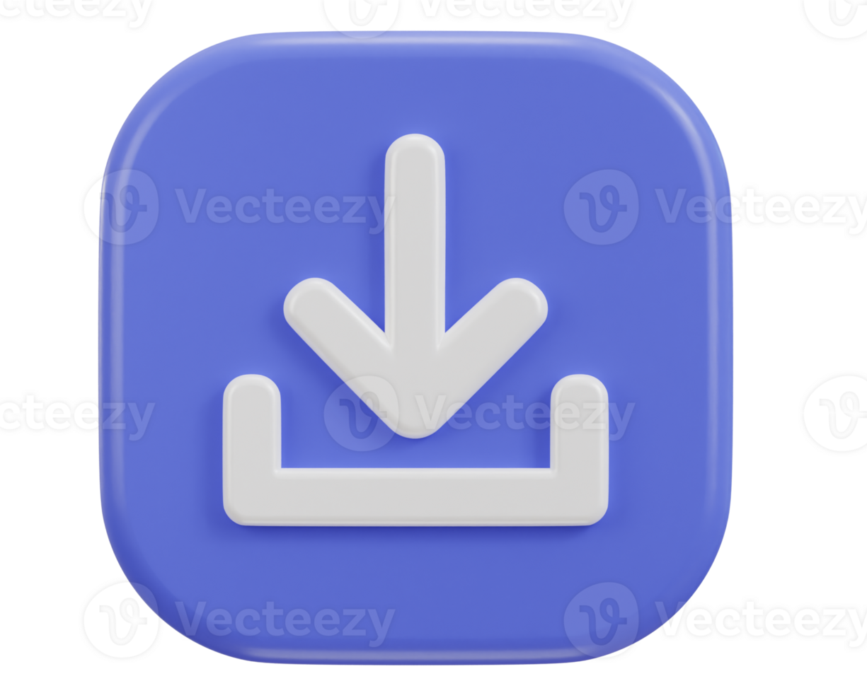 3D download icon button. Upload icon. Download symbol, sign. Down arrow bottom side symbol png