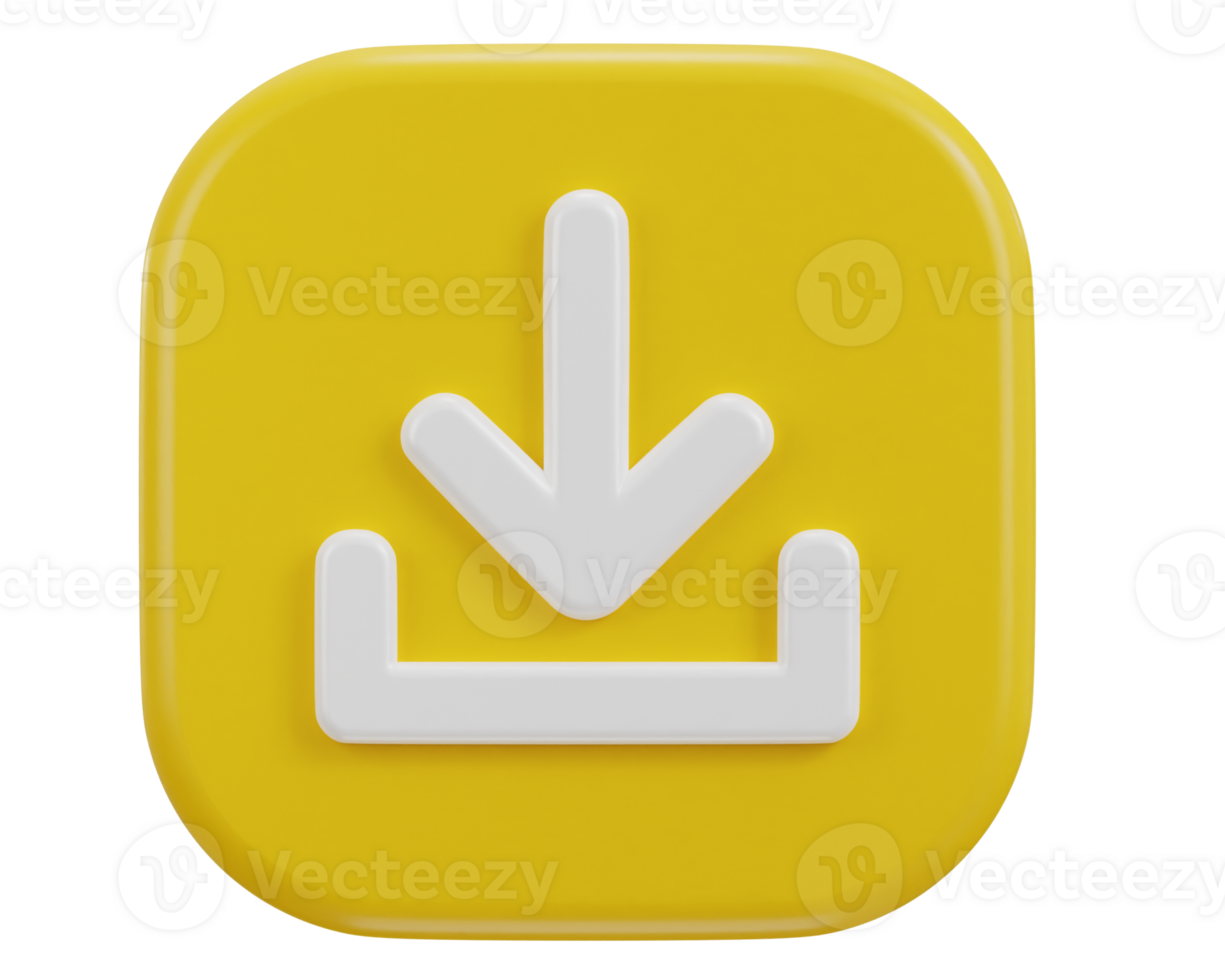 3D download icon button. Upload icon. Download symbol, sign. Down arrow bottom side symbol png