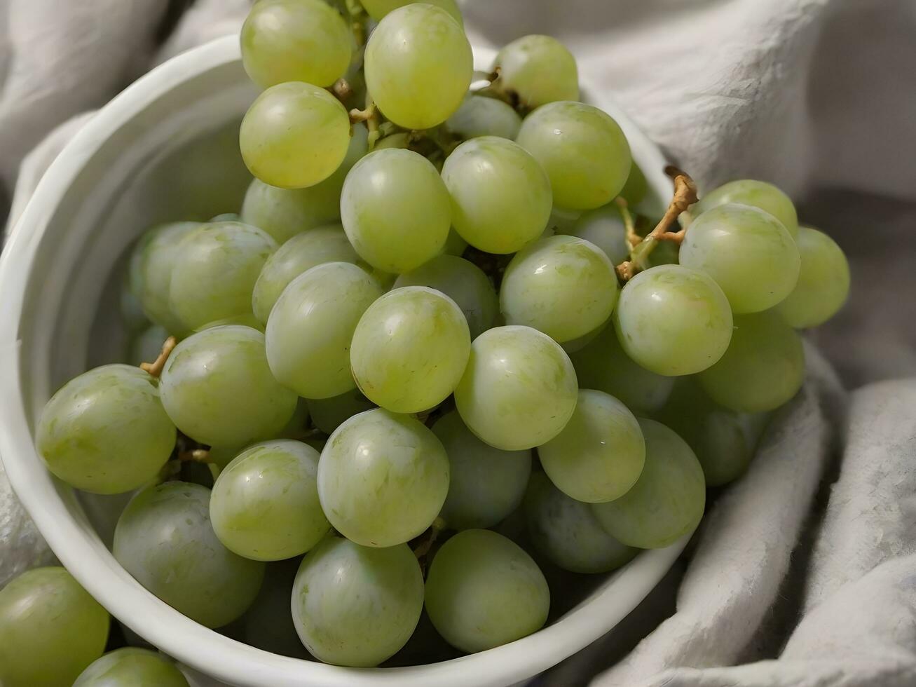 ai generado cuenco de verde uvas sentado en un paño foto