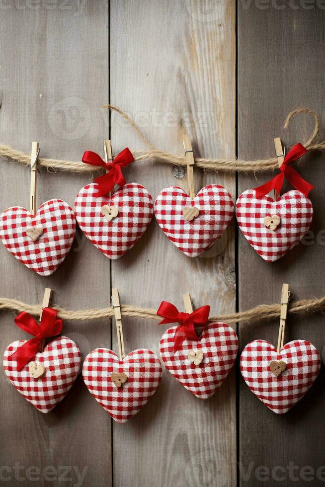 ai generado San Valentín día antecedentes con corazones y pinzas para la ropa en de madera pared foto