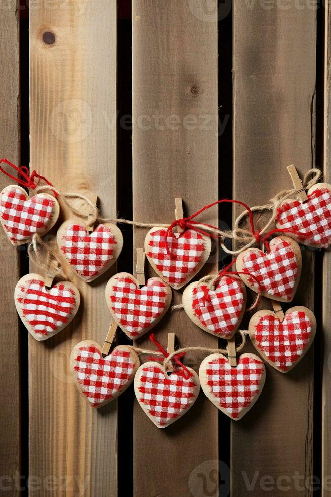 AI generated Valentine's day background with hearts and clothespins on wooden wall photo