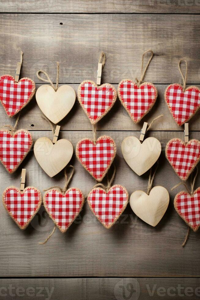 AI generated Valentine's day background with hearts and clothespins on wooden wall photo