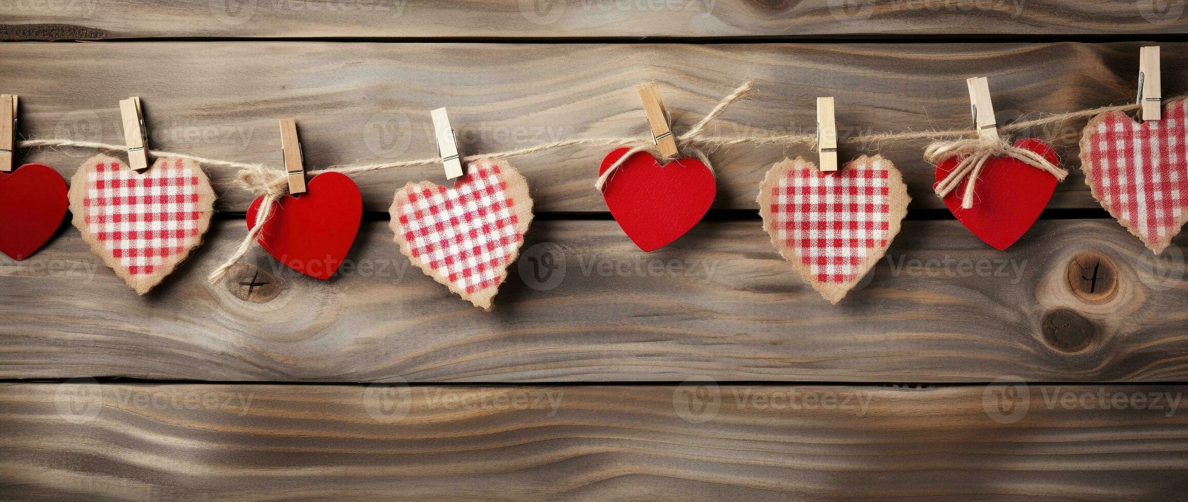 AI generated Valentine's day background with hearts and clothespins on wooden wall photo