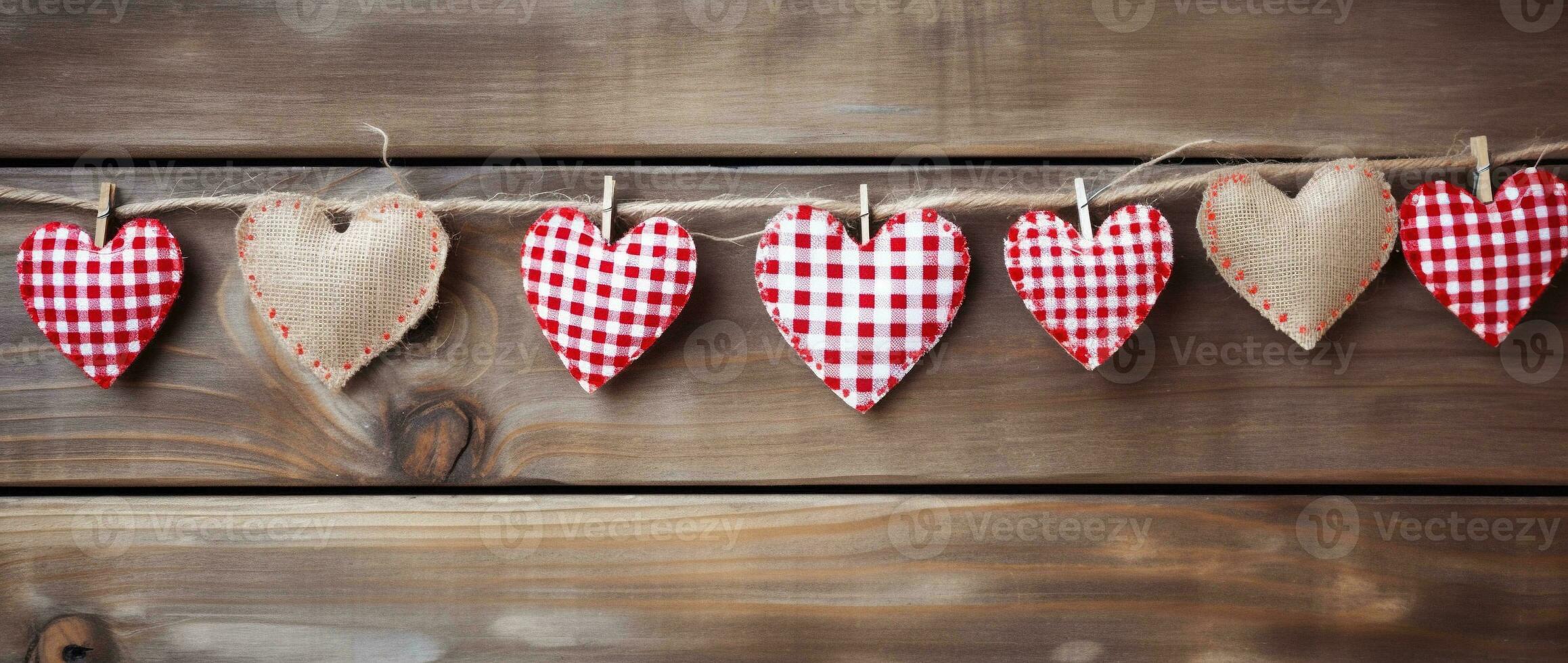 AI generated Valentine's day background with hearts and clothespins on wooden wall photo