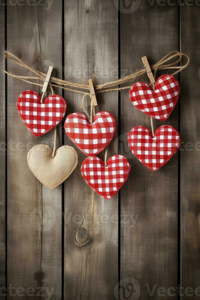 AI generated Hearts hanging on rope over wooden background. Valentines day background photo