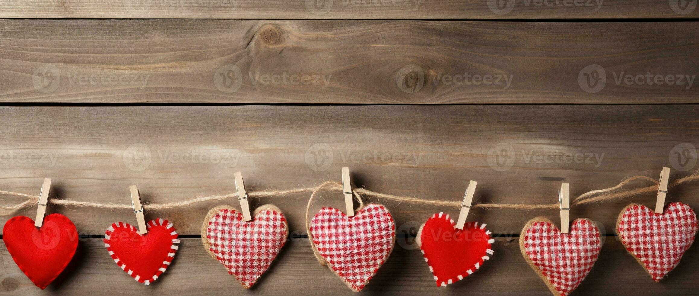 AI generated Hearts hanging on rope over wooden background. Valentines day background photo