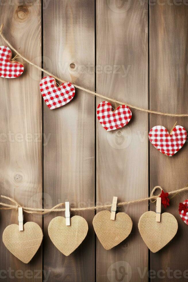 AI generated Hearts hanging on rope over wooden background. Valentines day background photo