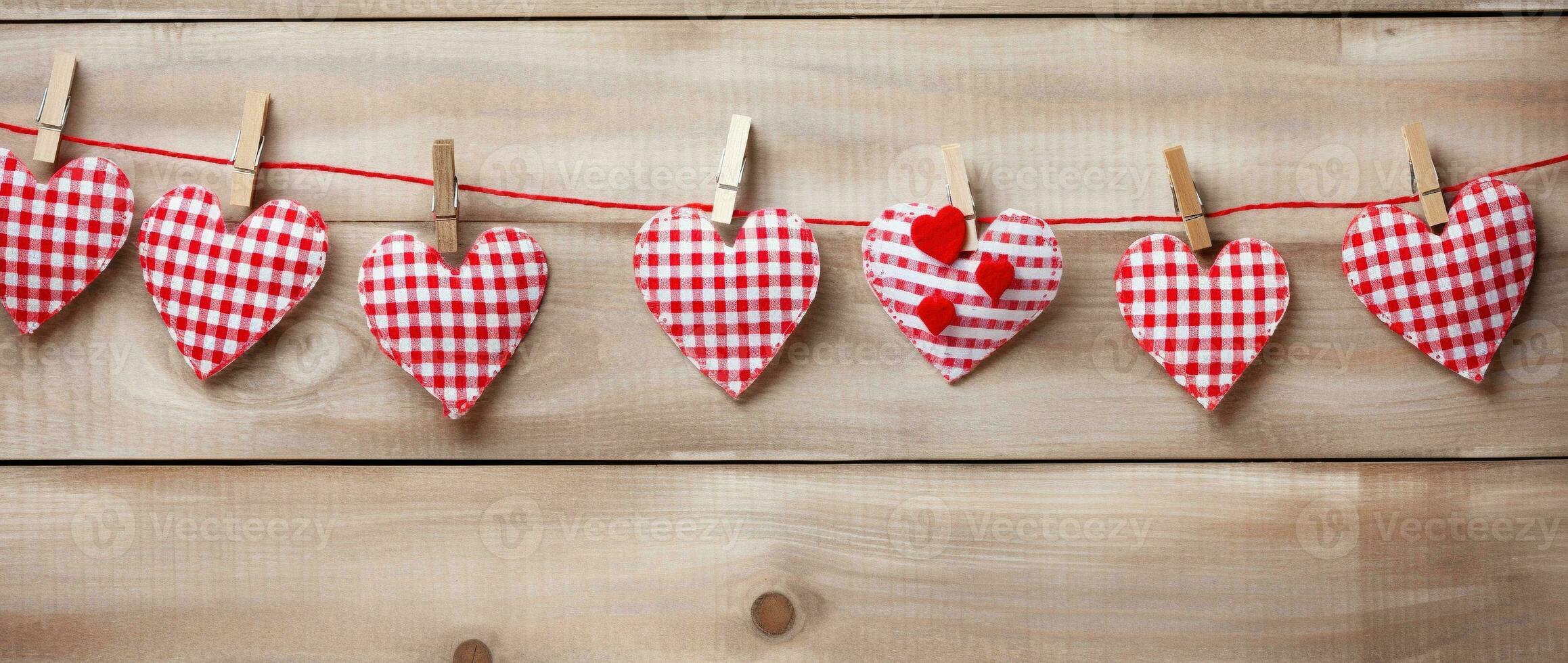 AI generated Hearts hanging on rope over wooden background. Valentines day background photo