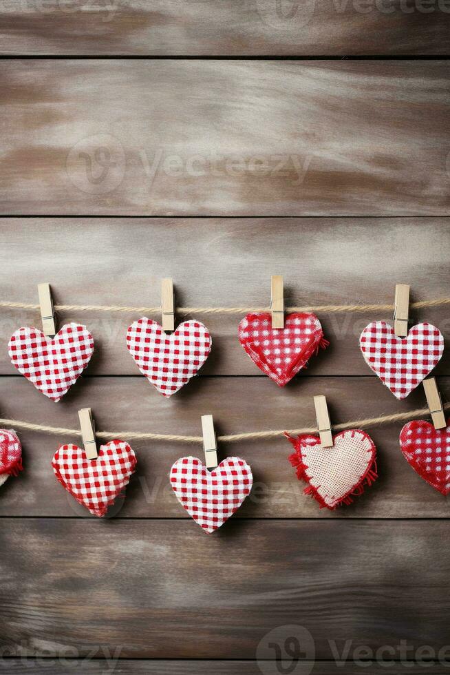 AI generated Hearts hanging on rope over wooden background. Valentines day background photo