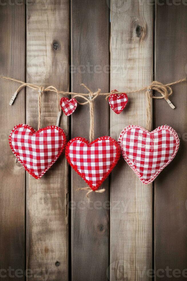 AI generated Hearts hanging on rope over wooden background. Valentines day background photo