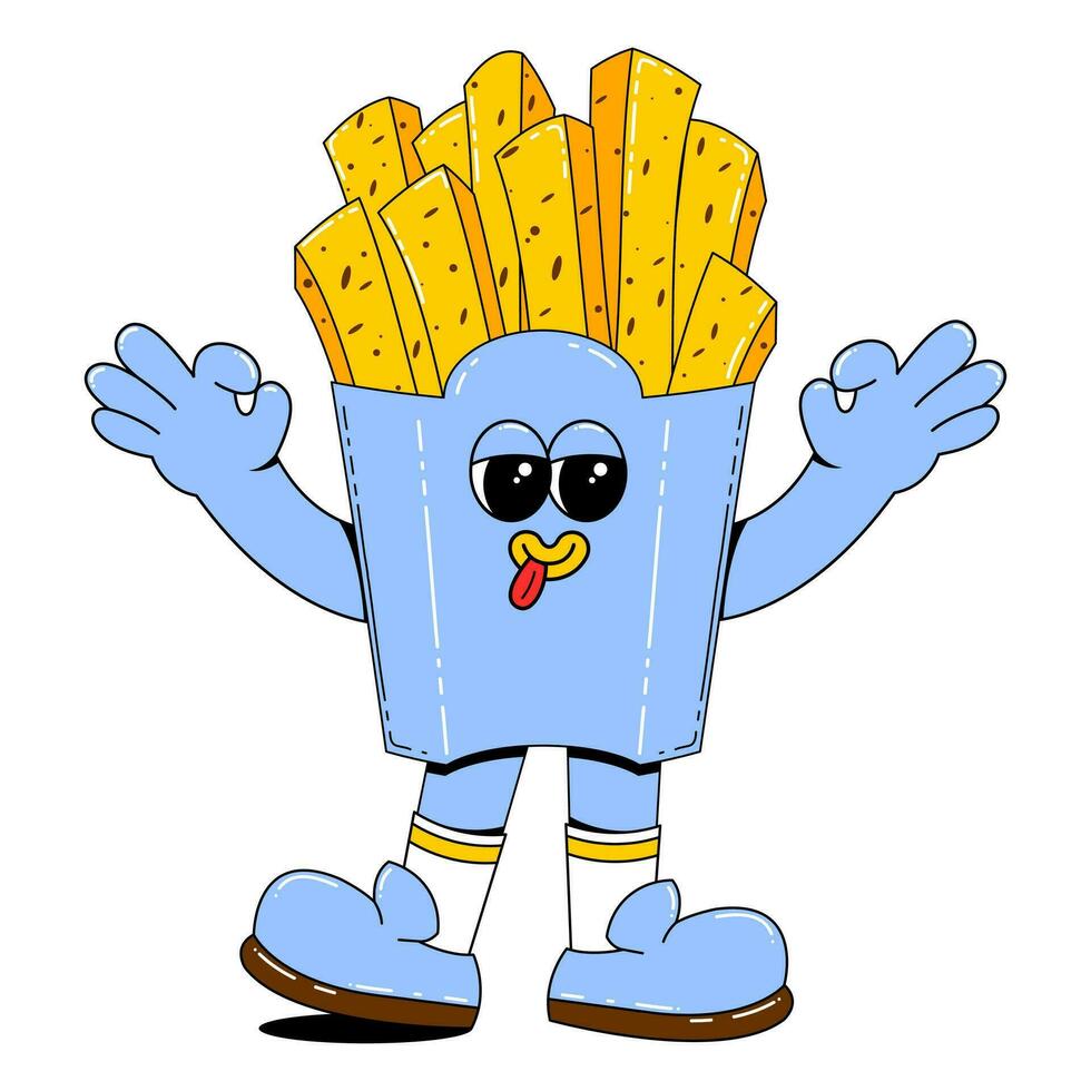 French fries character in retro cartoon style.Vector illustration of fast food with funny face, arms and legs on isolated white background. vector