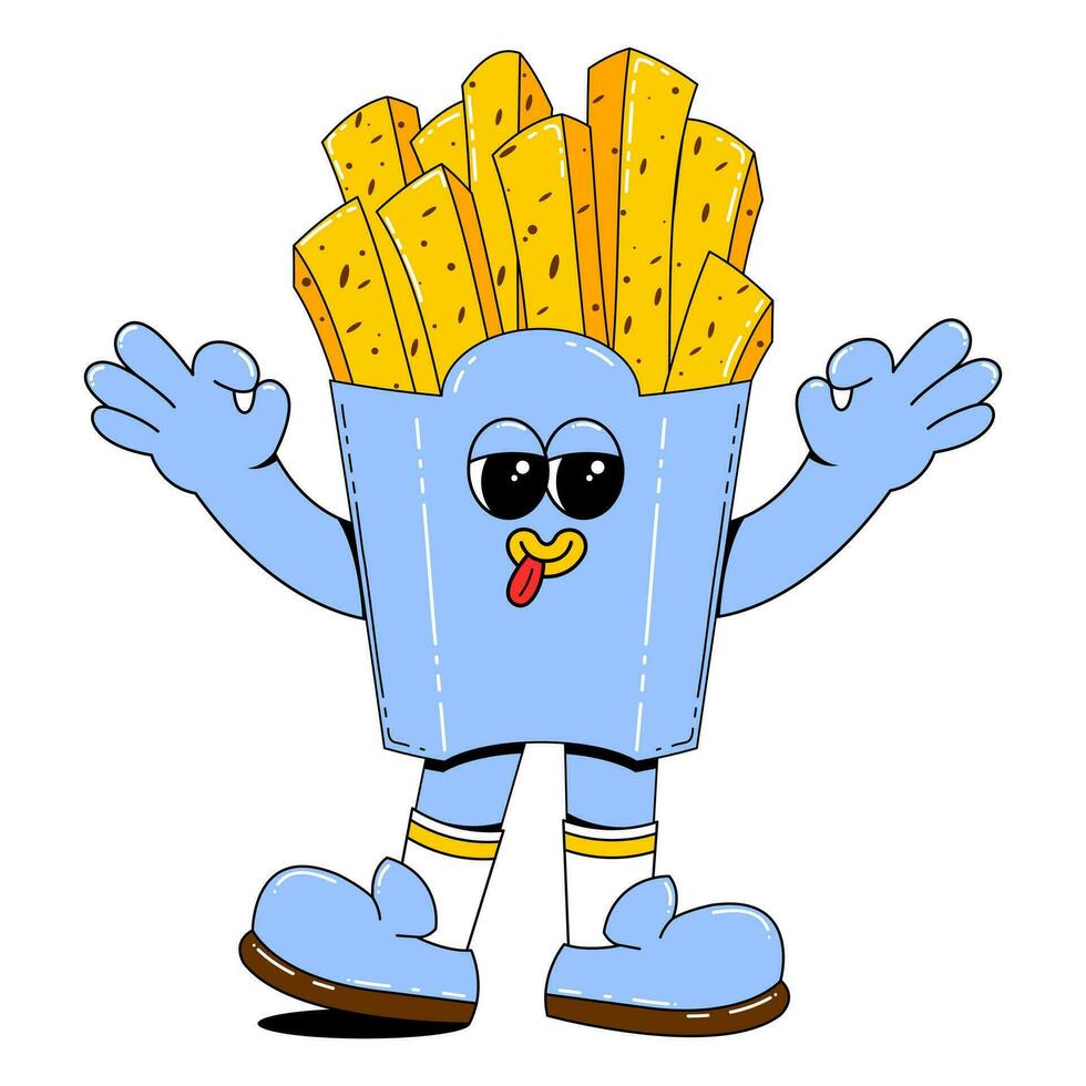 francés papas fritas personaje en retro dibujos animados estilo.vector ilustración de rápido comida con gracioso rostro, brazos y piernas en aislado blanco antecedentes. vector