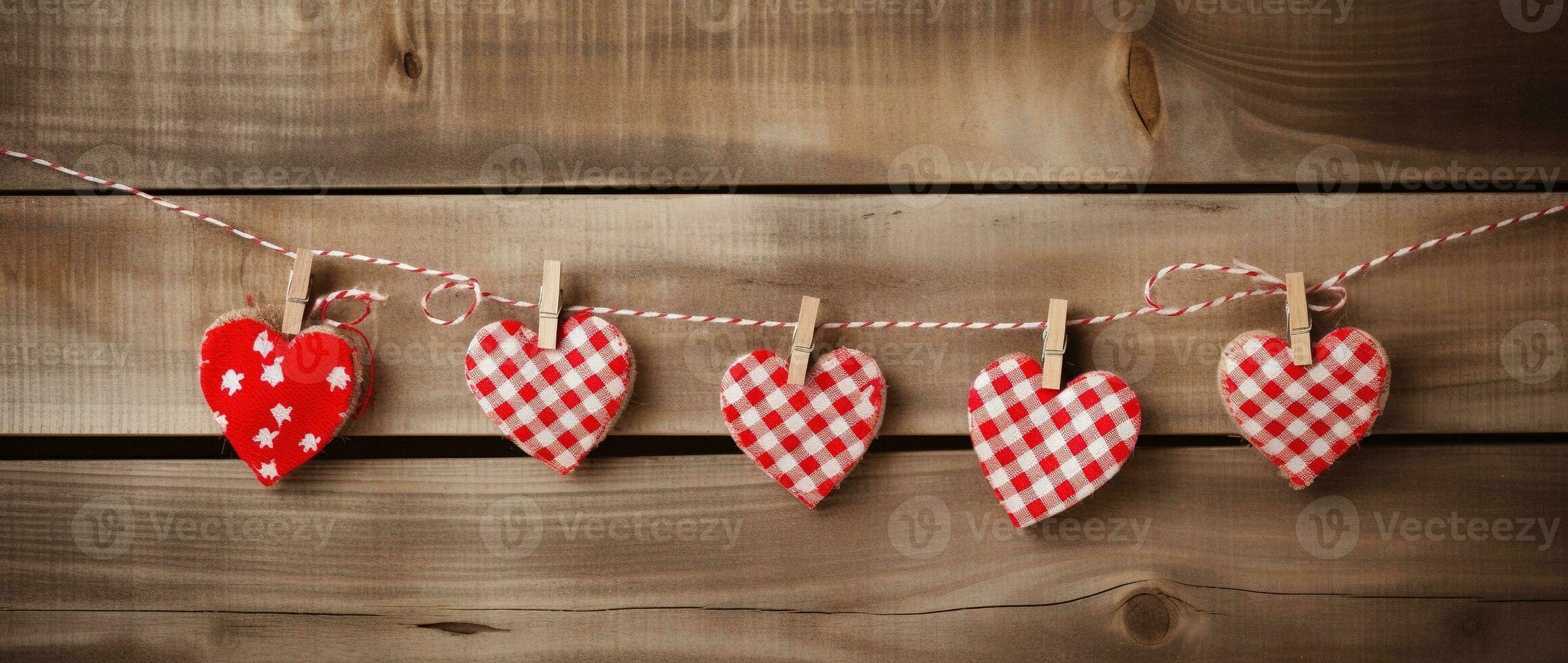 AI generated Hearts hanging on rope over wooden background. Valentines day background photo