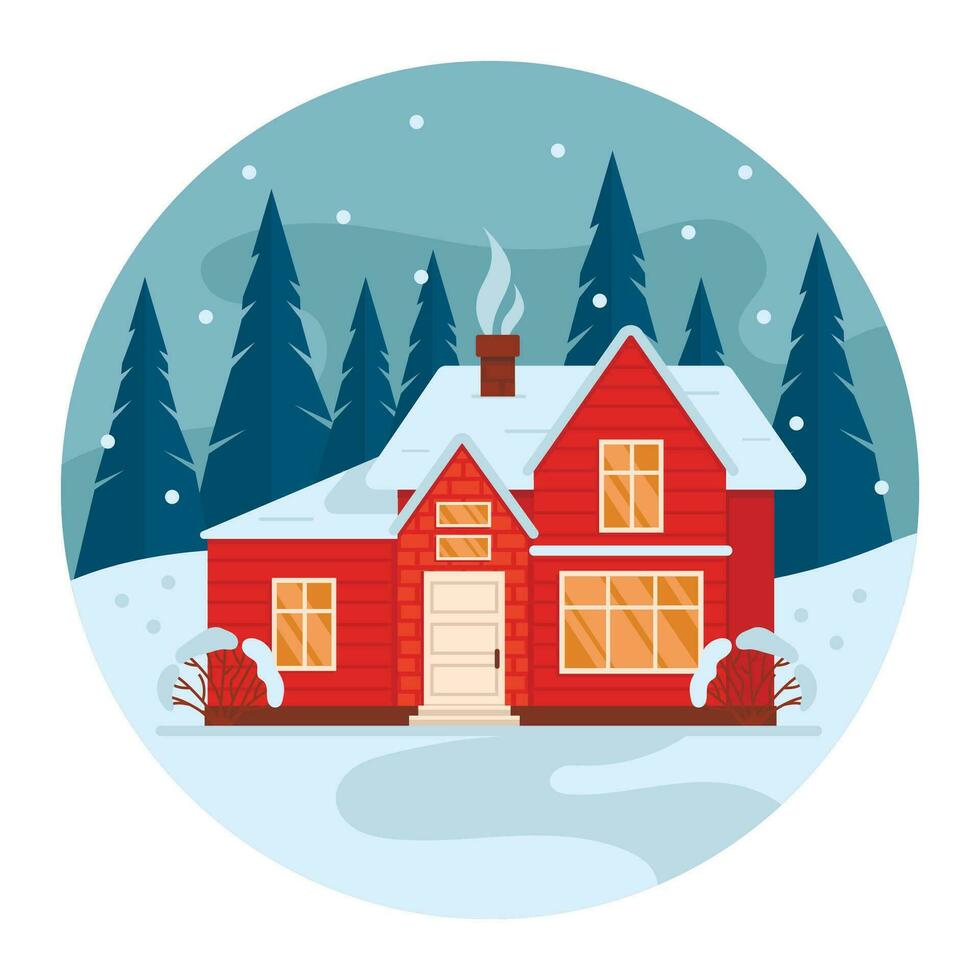 Residential house in the forest. Trees and snowfall in the background. Illustration in the shape of a circle. Vector graphic.