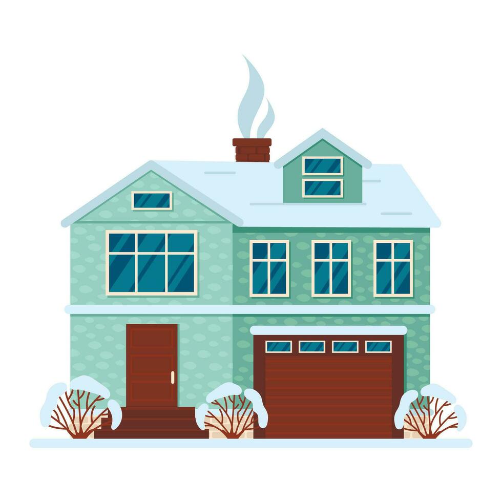 Residential house in the forest. Trees and snowfall in the background. Vector graphic.