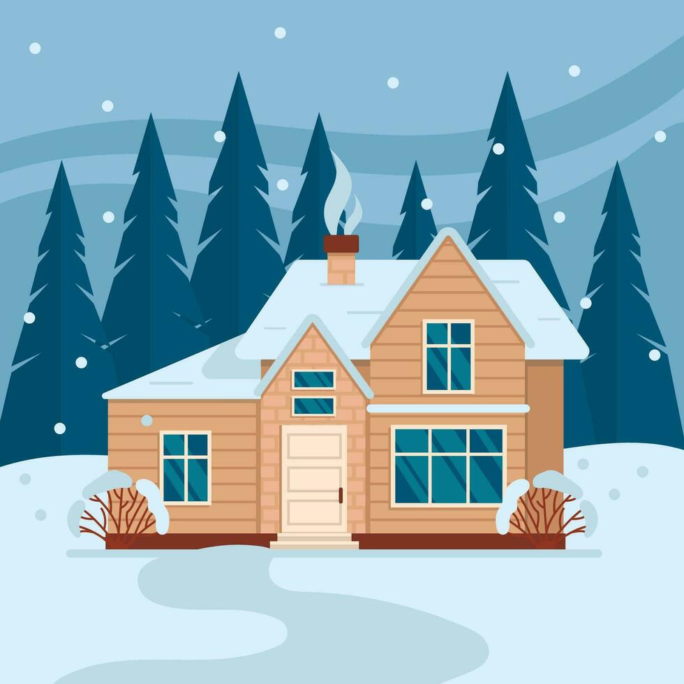 Residential house in the forest. Trees and snowfall in the background. Square illustration. Vector graphic.