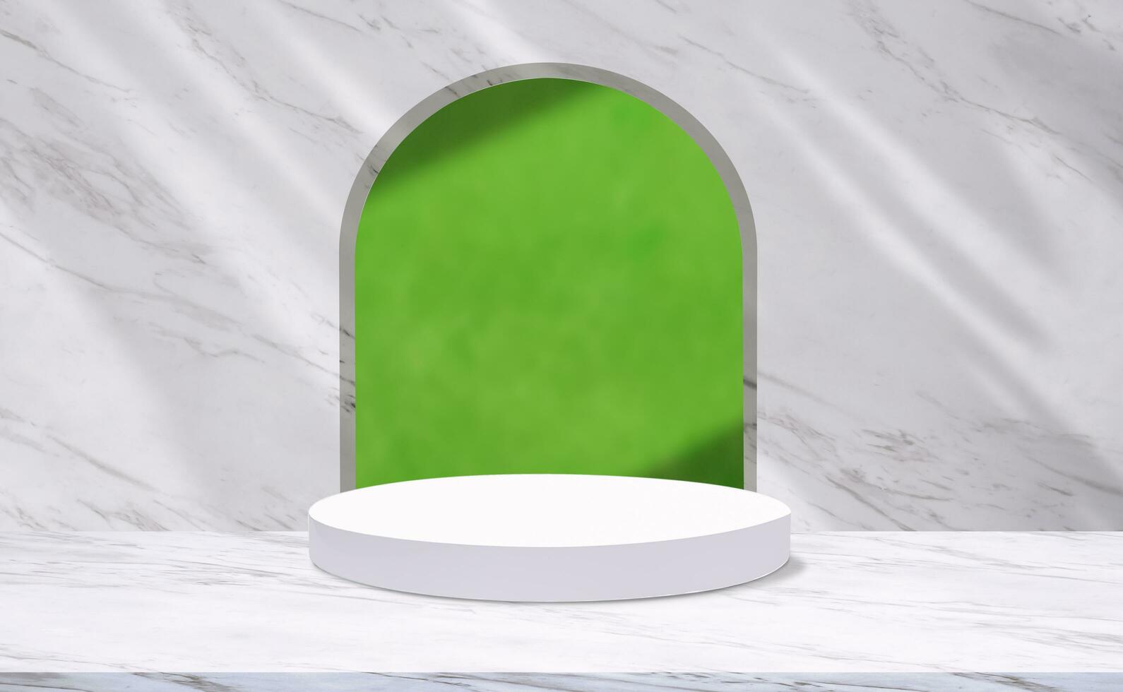 Cylinder Podium on white marble counter with branch shadow on arch partition and green wall decorative Background, Stage showcase Mockup for Cosmetic and Products Display Presentation, illustration photo