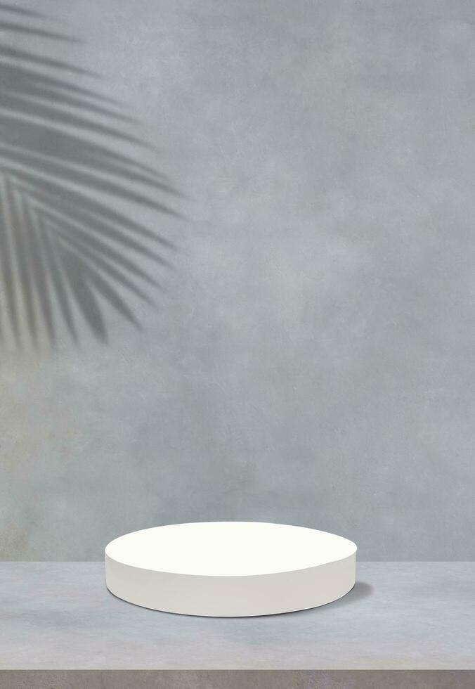 Minimal presentation background for cosmetics and products display, white cylinder podium on loft concrete wall background with palm leaf shadow on surface in vertical frame photo