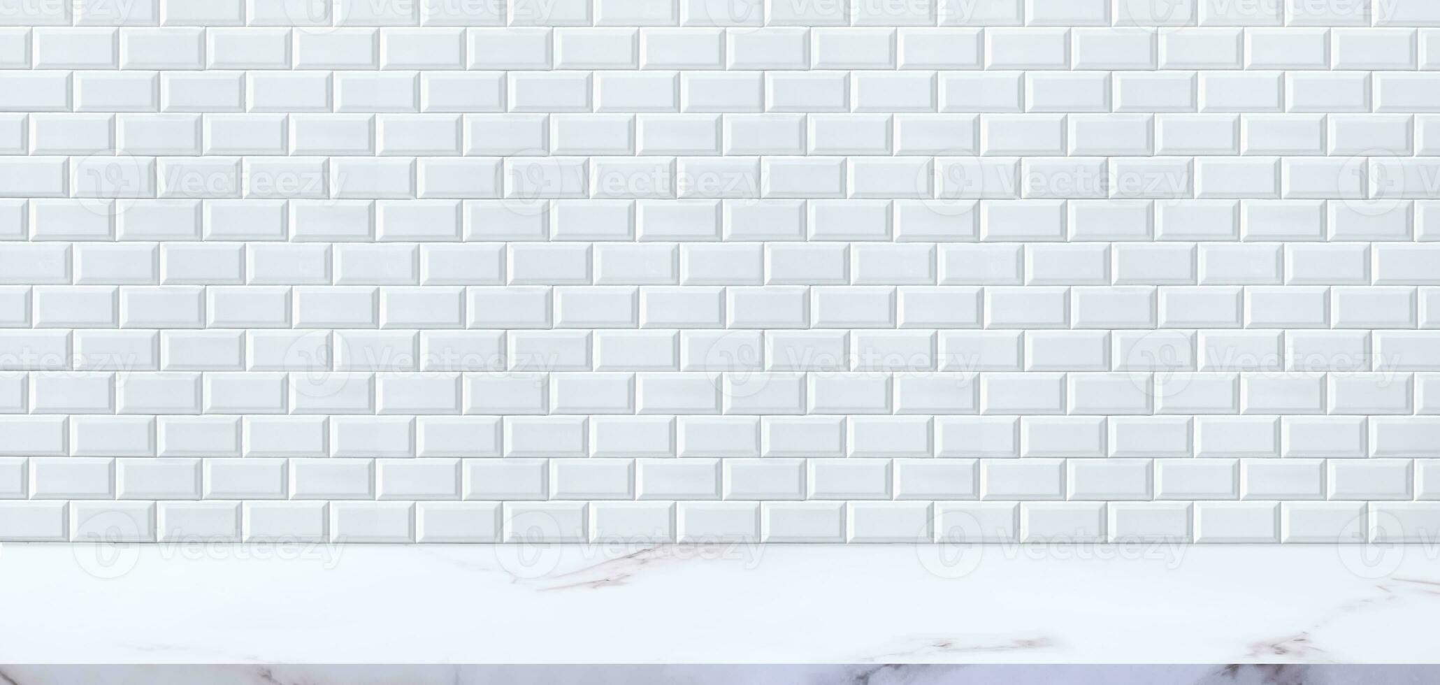 Empty white marble table with white ceramic tile wall background in panoramic view, Mockup banner for product display or montage of  your design photo