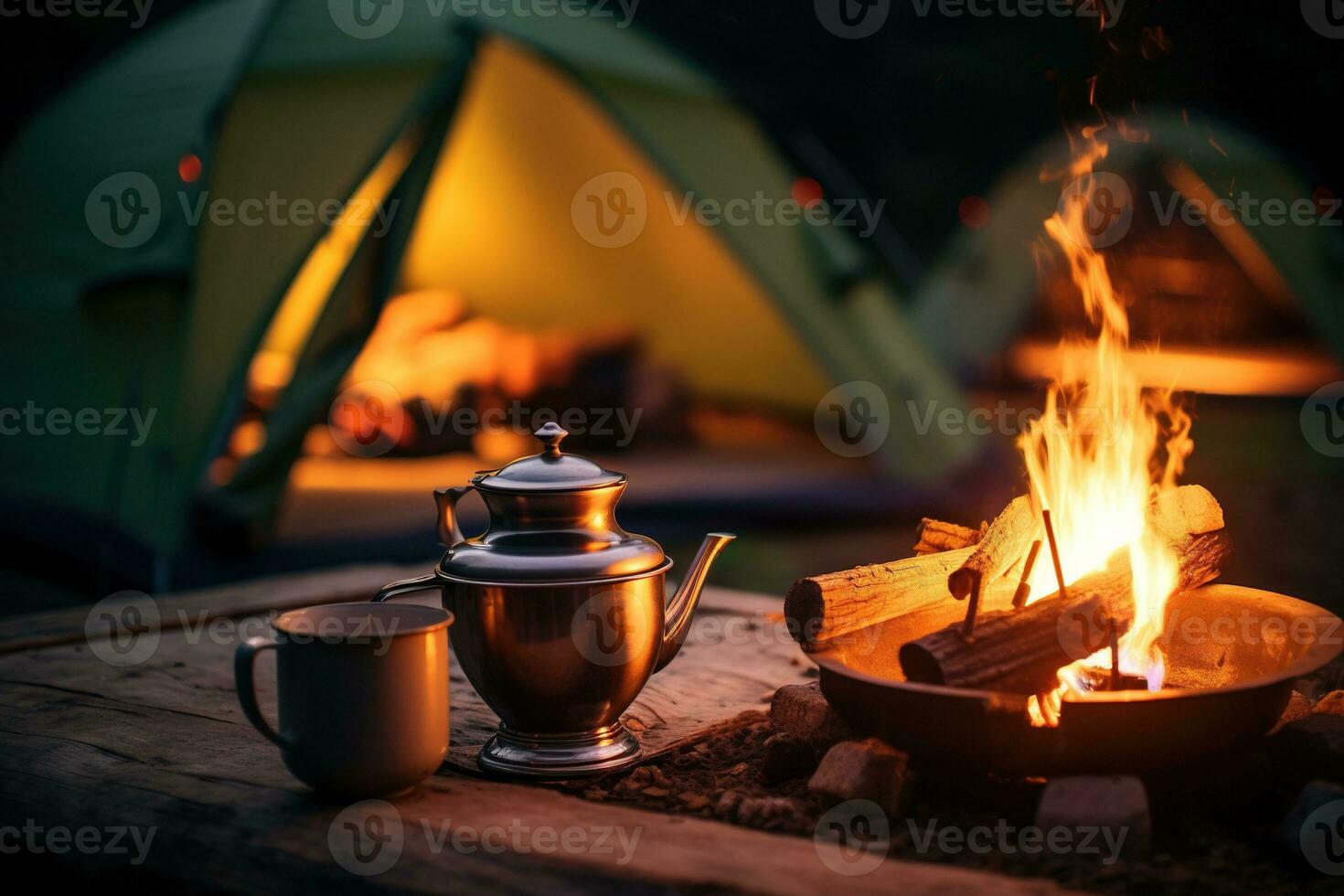 AI generated Camping in the woods, a kettle and a cup of tea photo